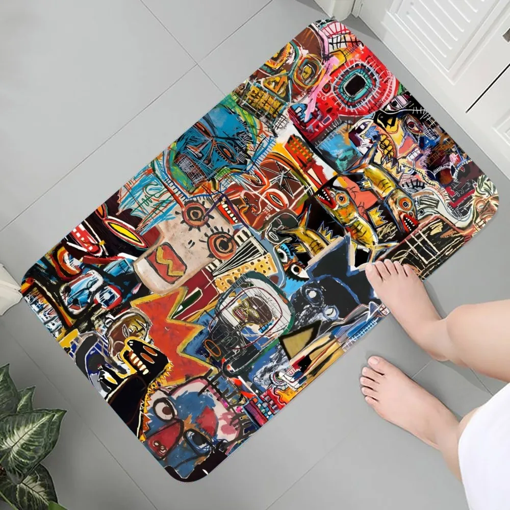 thumbnail image 1 of Felpudo de franela con estampado gráfico abstracto de B-Basquiats-Art para baño, cocina, entrada, decoración del hogar, 1 of 5