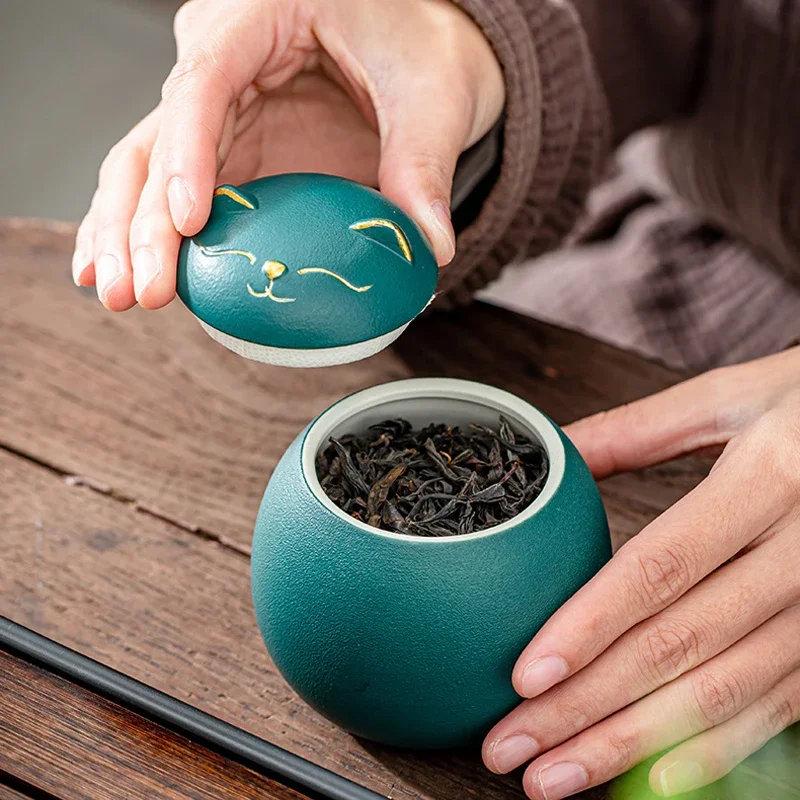 Ceramic Tea Storage Container Coffee Beans Espresso Accessory Coffeware Cat Pattern Spice Candy Jar with Lid for Home Kicthen