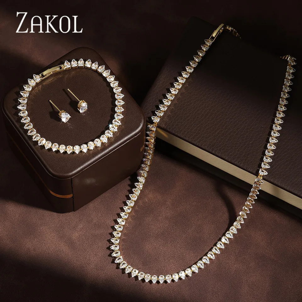 ZAKOL Minimalist Cubic Zirconia Water Drop Necklace Earrings Bracelet Set For Women Luxury Stylish Bridal Wedding Party Jewelry 1