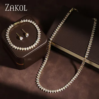 ZAKOL Minimalist Cubic Zirconia Water Drop Necklace Earrings Bracelet Set For Women Luxury Stylish Bridal Wedding Party Jewelry 1