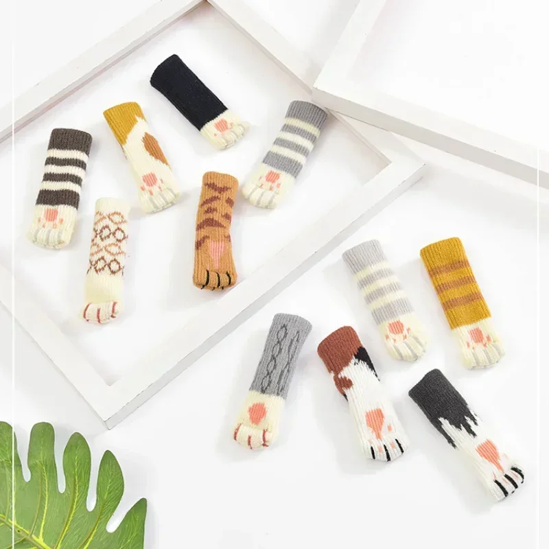 4pcs Mute Table Chair Foot Cover Knitting Wool Doorknob Cover Antiskid Cat Thickening Chair Leg Cover Home Furniture Accessories