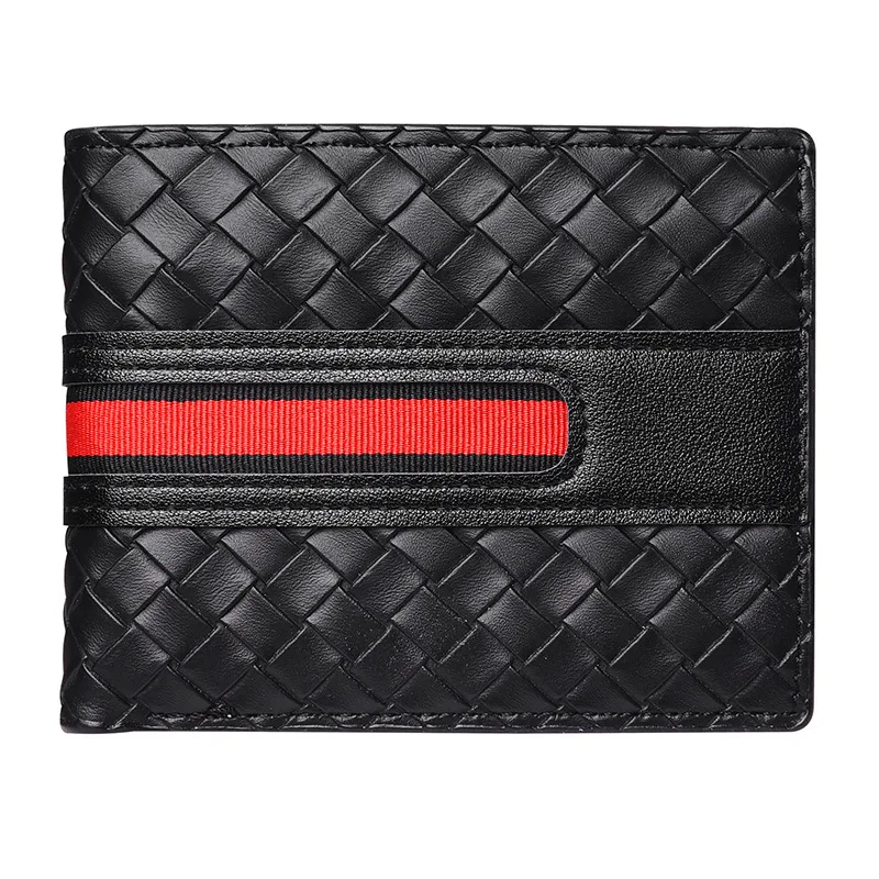 New men's hand woven multi slot fashionable three fold leather wallet, card bag, simple and ultra-thin coin purse
