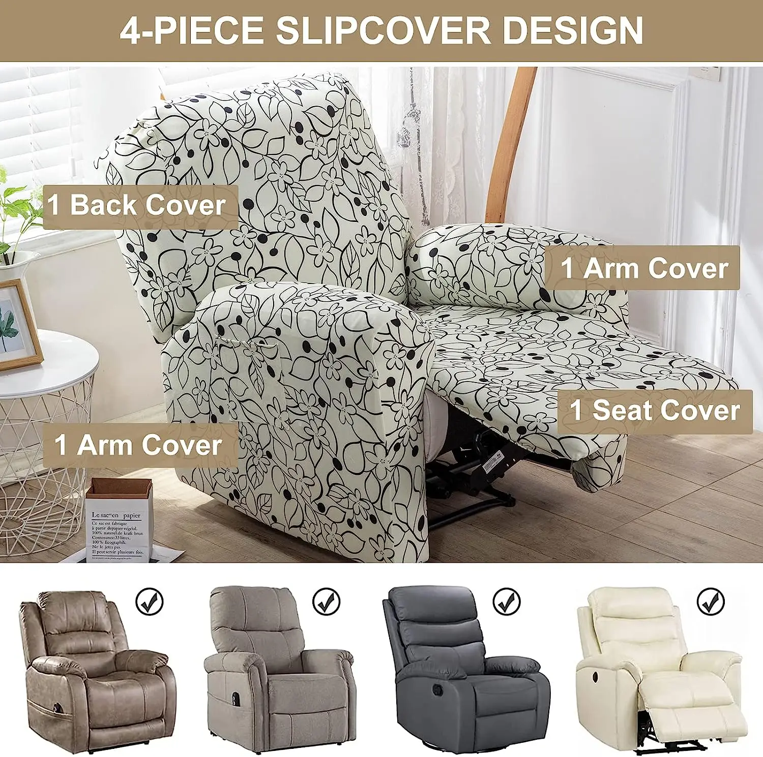 4pcs/set Recliner Slipcovers With Side Pocket Stretch Reclining Couch Covers Printed Furniture Protector 4