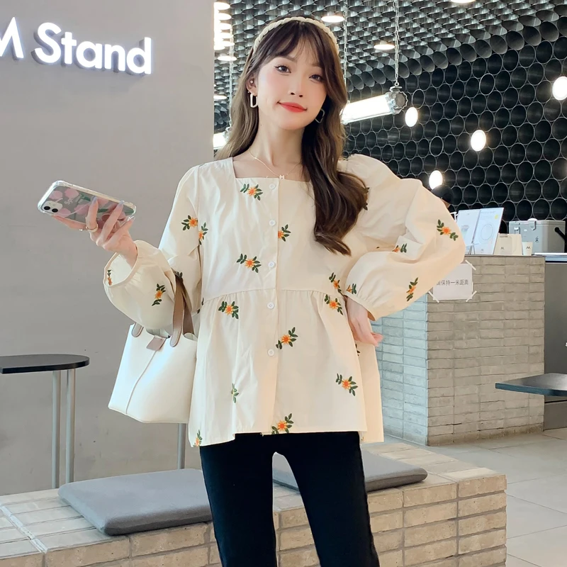 Spring Fall Korean Fashion Lady Blouse Flowers Embroidery Long Sleeves Square Neck Loose Maternity Blouse Pregnant Women