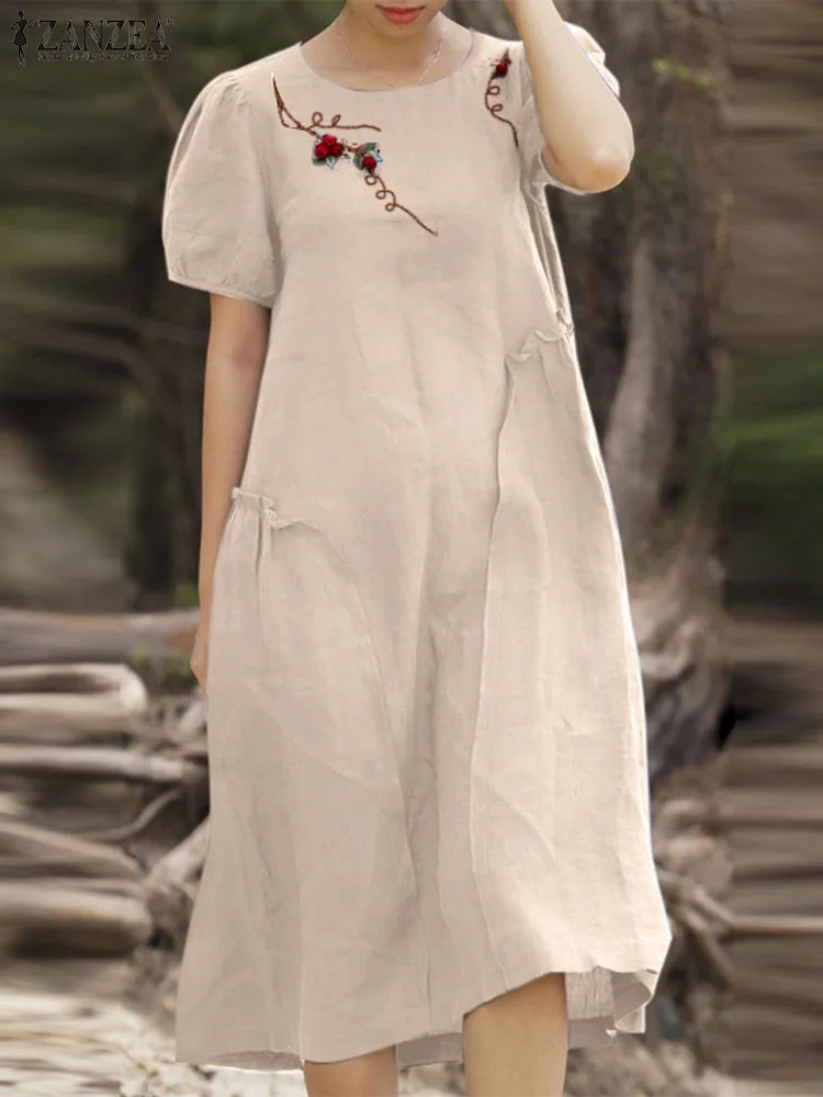 

2023 ZANZEA Women Embroidery Dress Summer Vintage Short Sleeve Elegant Floral Sundress Robe Femme Casual Mid-calf Vestido Kaftan