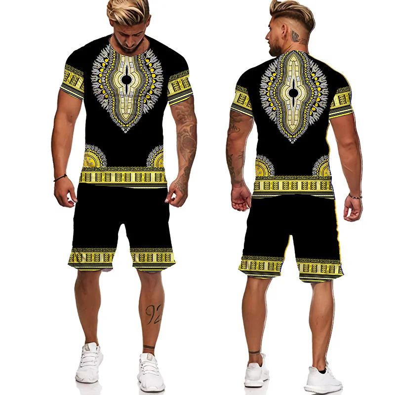 Summer Male Suit 3D Printed African Print Men's T-shirts Sets Africa Dashiki Mens Tracksuit Vintage Oversized 2 Piece Sets