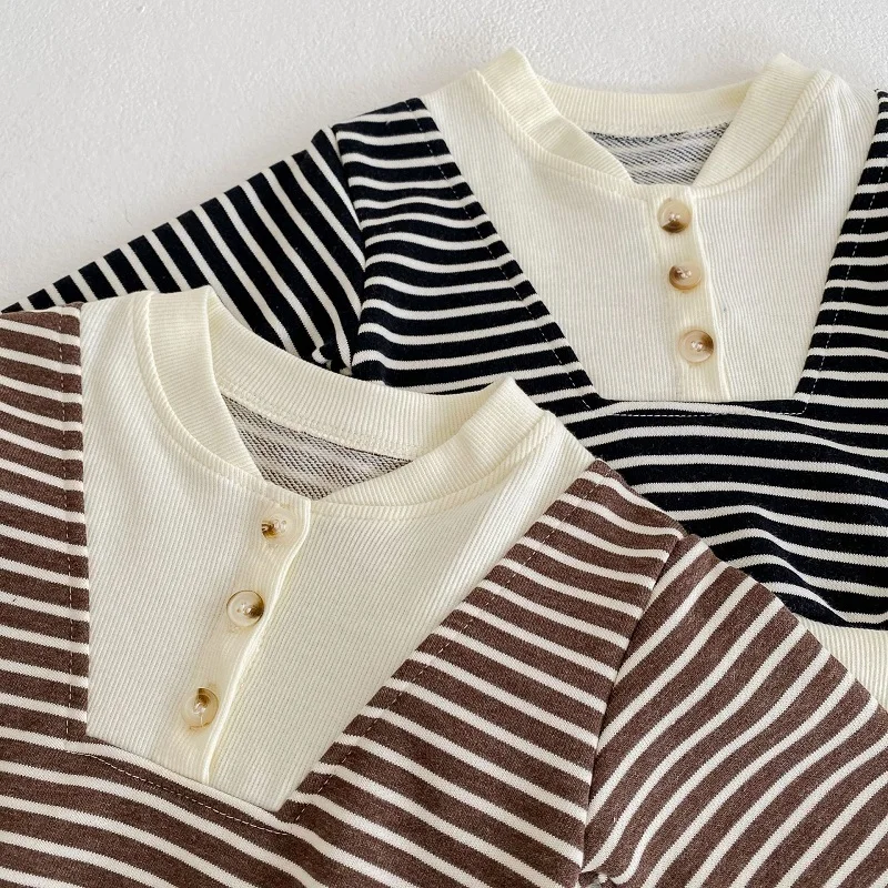 baby shirt clothing set 0-3 year old baby clothes autumn boys and girls striped long-sleeved pullover + shorts baby simple long-sleeved trousers suit Baby Clothing Set medium