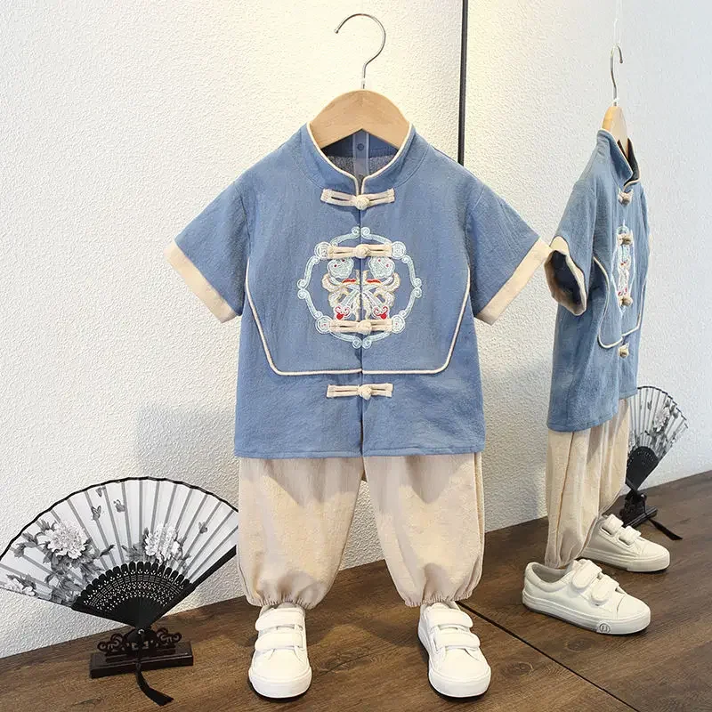 Fashion Chinese Style Boys' Short Sleeved Tang Suit Tops Pants Baby Hanfu Ethnic Style School Martial Arts Performance Clothing