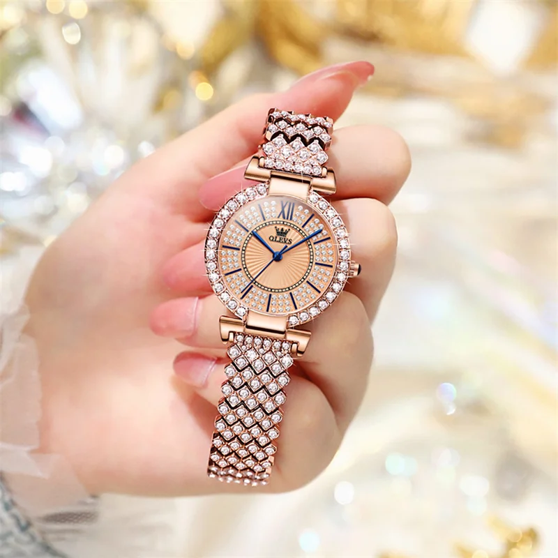 OLEVS Fashion Elegant Diamond Quartz Women Watches Classic Style Slim Dial Watches For Women Full Diamond Bracelet Reloj Mujer