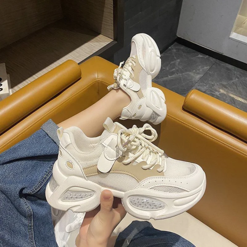

2023 New White Dad Chunky Mesh Sport Shoes Casual Vulcanized Shoes Woman Platform Sneakers Lace Up Female Outdoor Walking Shoes