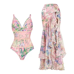 Retro Pink Bikini Printed Fashion One Piece Swimsuit And Cover Up With Skirt Tight Women's Bandage Summer Beach Luxury Elegant