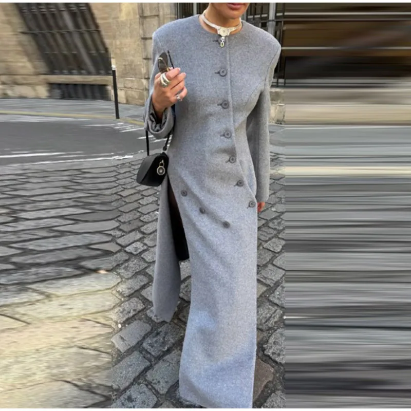 Women's Long Grey Woollen Coat O-neck Full Sleeve Asymmetric Button Design Elegant Silhouette Warm Outerwear 2025 Autumn Coat