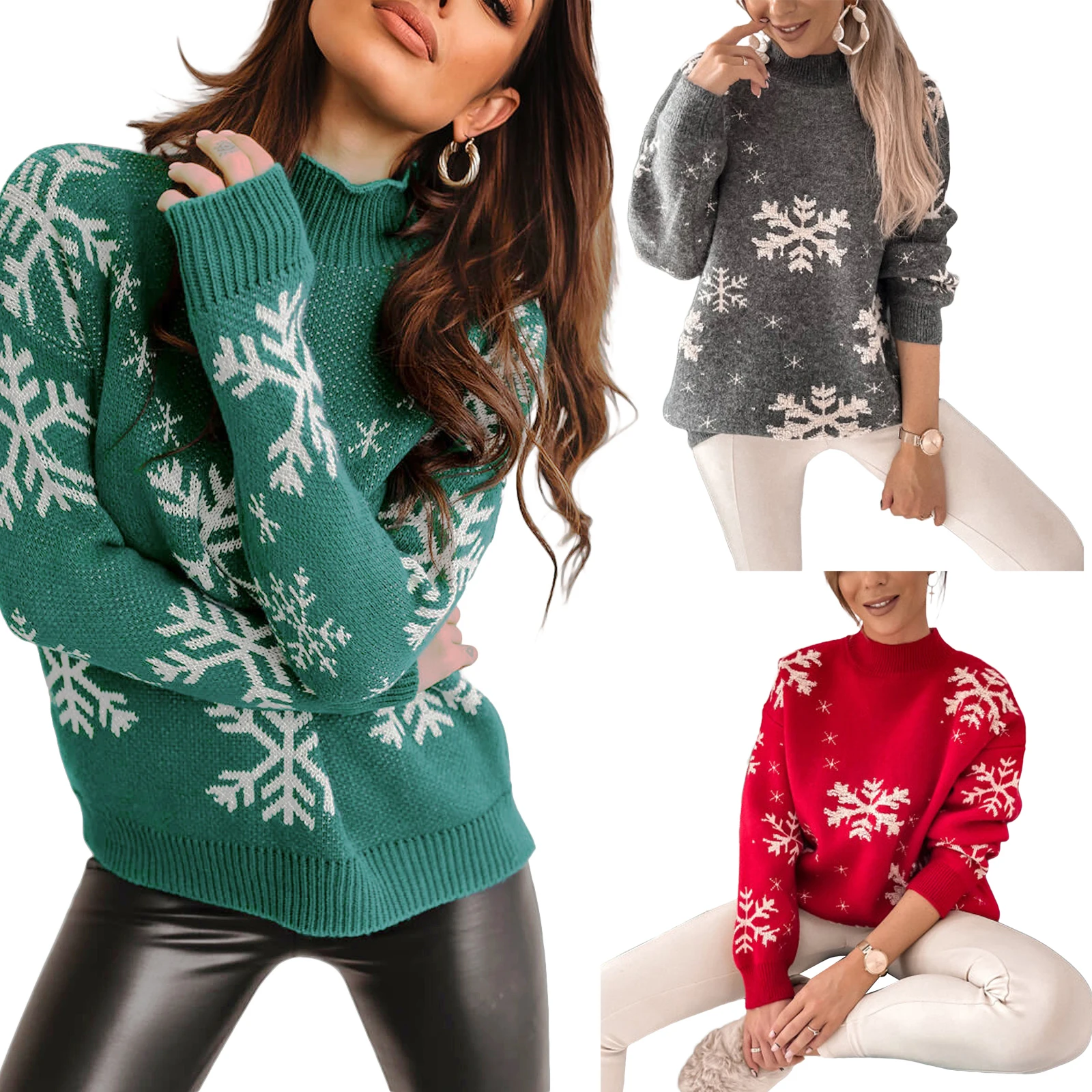 

Women Knitted Fluffy Sweater Autumn Loose Casual Christmas Snowflake Print Long Sleeves Pullover Tops Streetwear