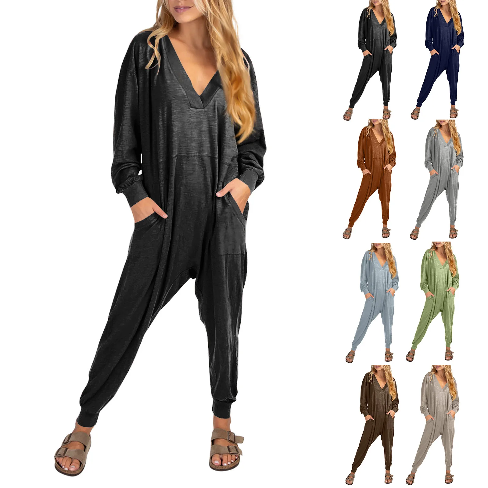 

Women's Fashion Loose Casual Long Sleeve V-Neck Solid Colour Pocket Jumpsuit Slim-Type Versatile Jumpsuit macacão feminino