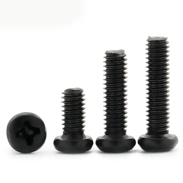 100 ชิ้น/ล็อต Cross Recessed หัวสกรู M1 M1.2 M1.6 M2 M2.5 M3 M4 M6 เหล็กคาร์บอนสีดํา Phillips เครื่องสกรูเกรด 4.8 3