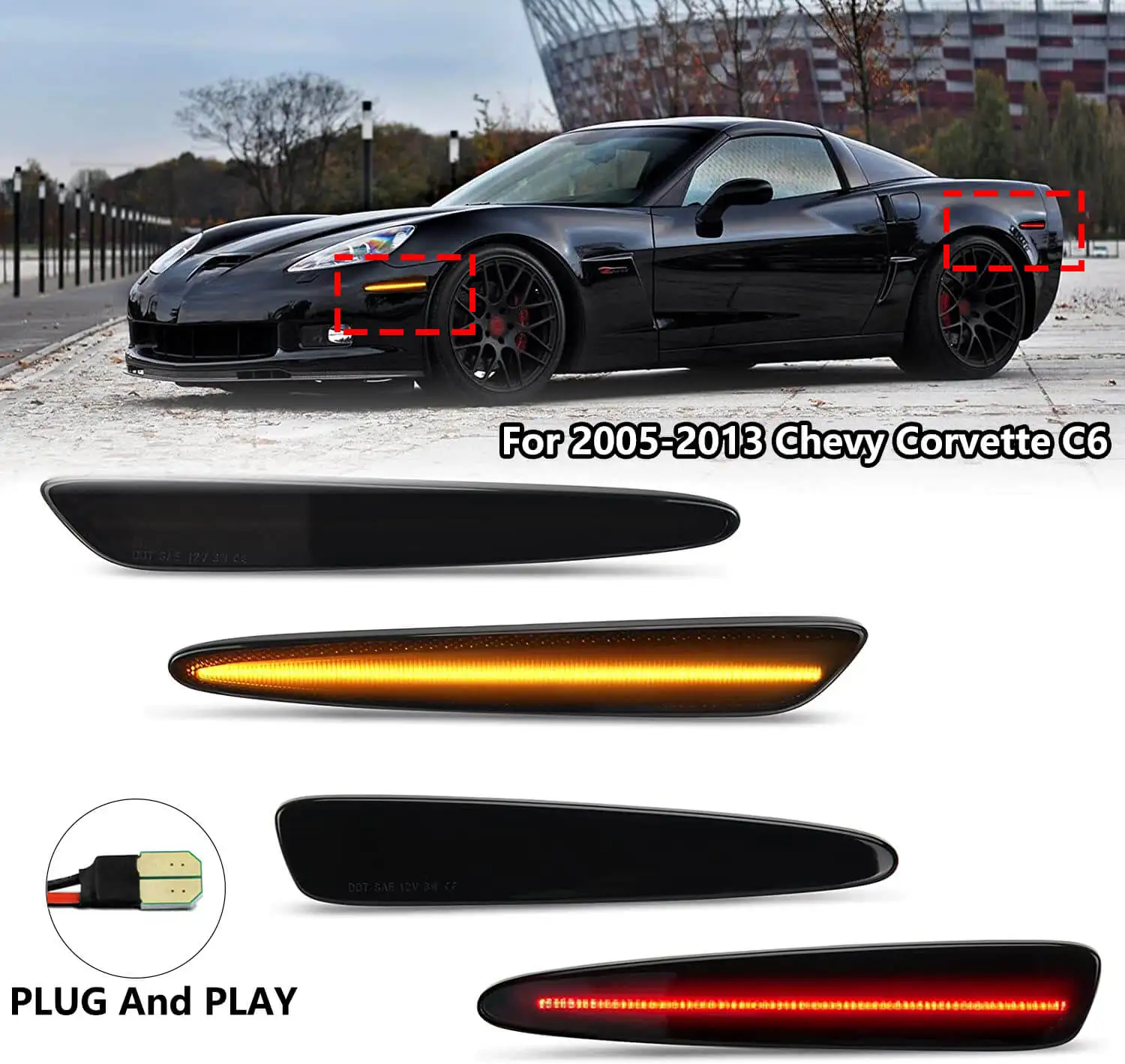 

For Chevy Corvette C6 2005-2013 Front Rear LED Side Marker Lights Amber Red Turn Signal Light 4Pcs Smoked Black Lens Car Lamp