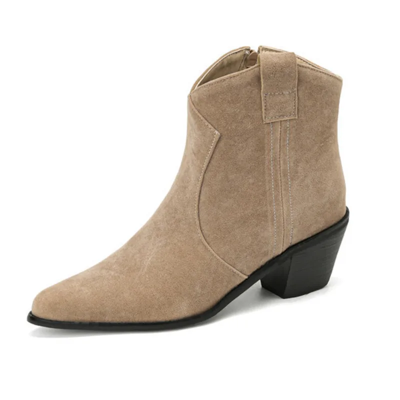 Big Size 46 Women Western Cowboy Boots Nubuck Thick Heels Cowgirl Short Boot Winter Shoes