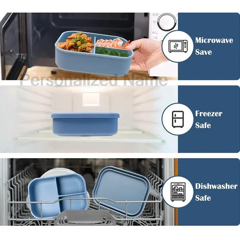Personalized Name Silicone Water Bottle 3 Compartment Leakproof Bento Lunch Box For Kids Portable Camping Picnic Food Container 5