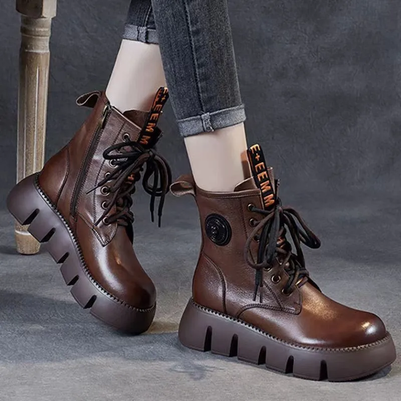 

Round Head Women's Boots 2022 Spring Autumn Women's Thick-soled Boots Fashion Retro Black Brown Boots Shoes for Women