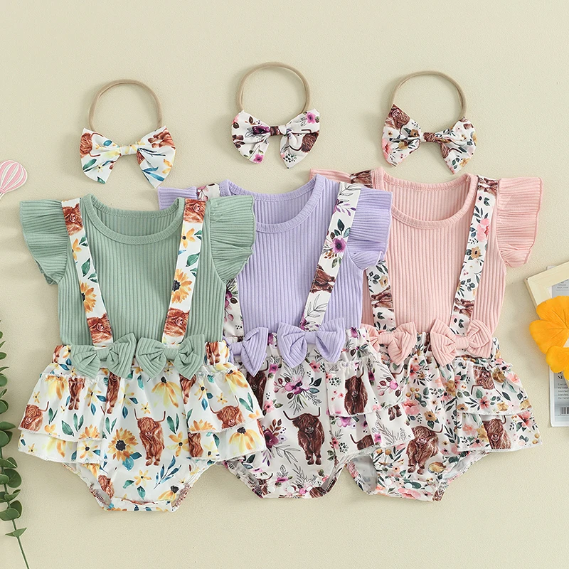 

Baby Girls Shorts Set Fly Sleeve T-shirt with Flower Print Suspender Shorts and Headband Summer Outfit