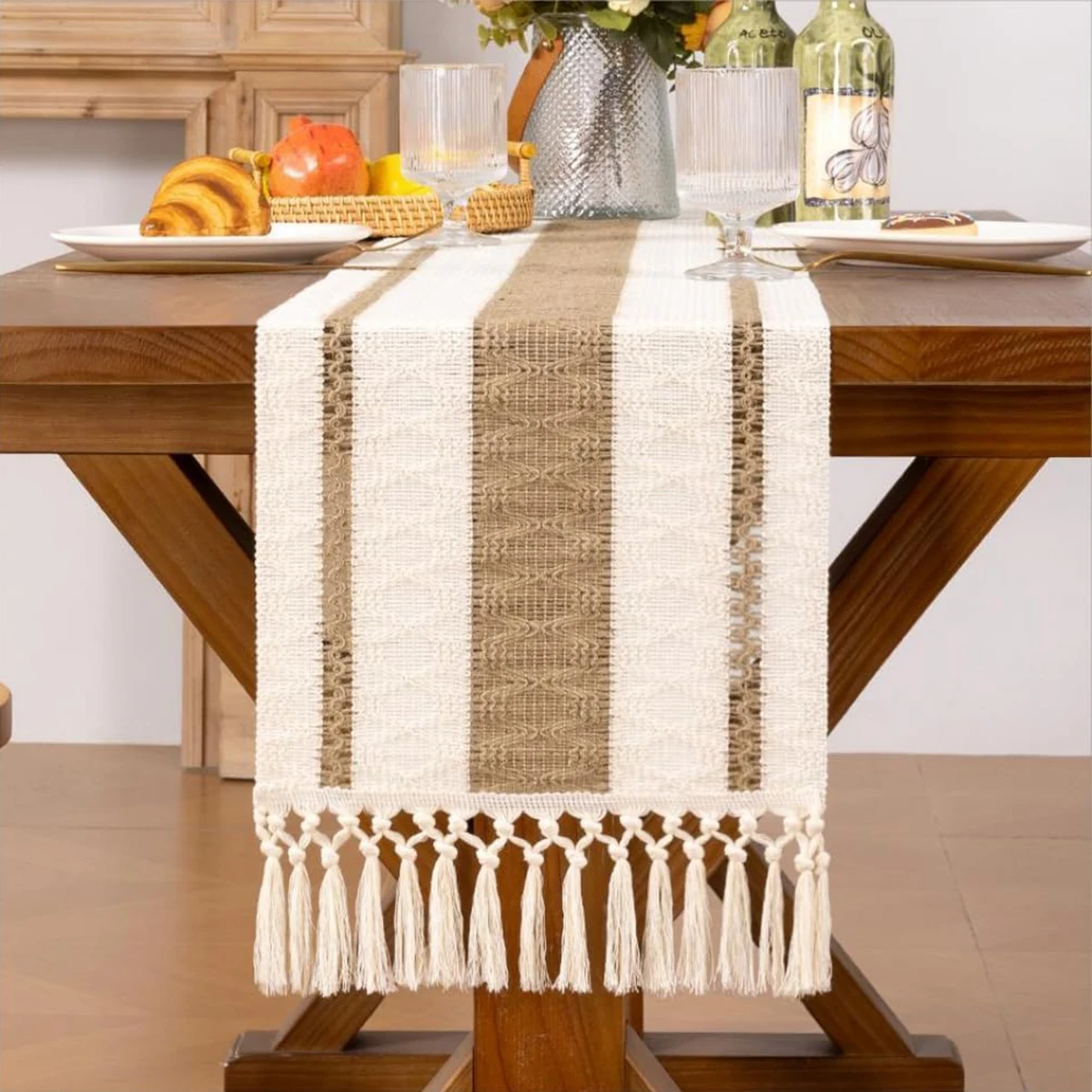 Boho Fall Table Runner Farmhouse Burlap Cotton Table Runner with Tassels Woven Macrame Home Living Room Table Decoration 6
