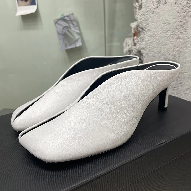 

Romanesque Ladies Slippers Summer New Personality Square Head High Heel Slippers Real Leather Upper Walk Show Female Pumps