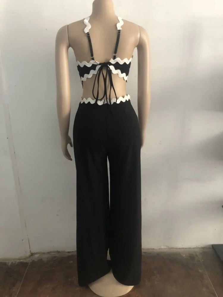 Wmstar Jumpsuit Women Wholesale Wavy Line Spliced Sleeveless Hollow Out Wide Leg One Piece Sexy Club Outfits Summer New Style