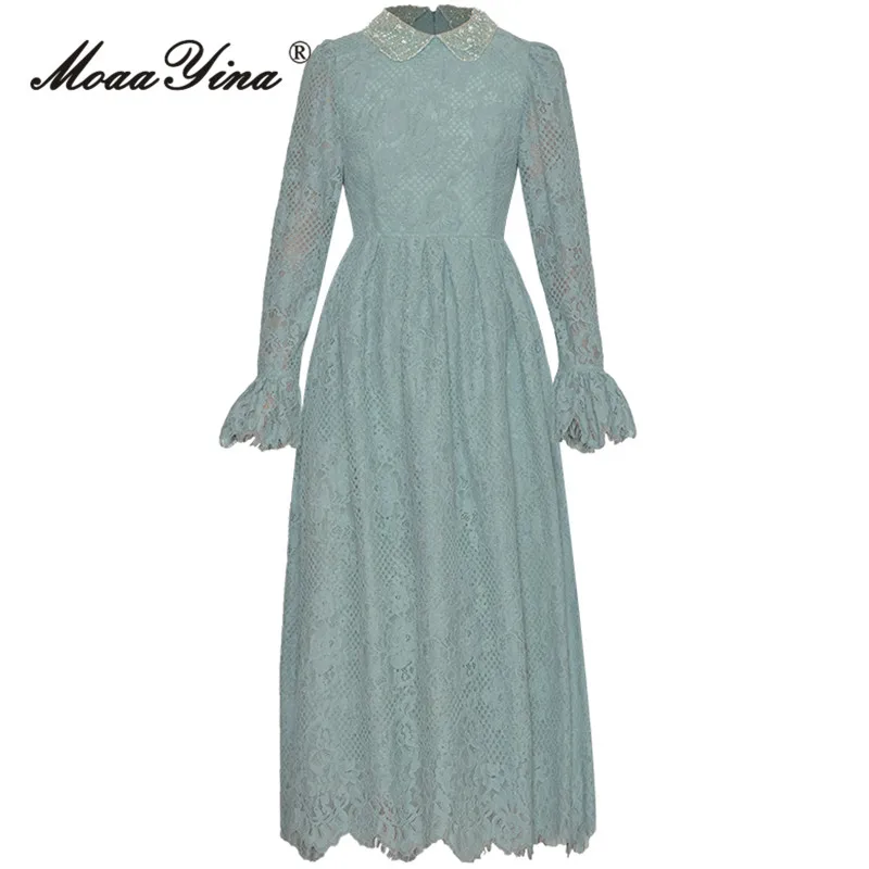 

MoaaYina, весеннее модное дизайнерское светильник, зеленое винтажное кружевное платье, женское платье с отворотом, бисером, высокой талией, праздничное вечерние, тонкое длинное платье