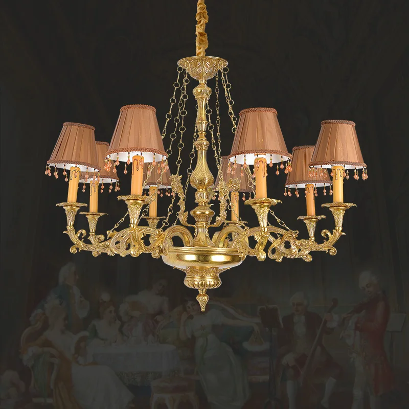 

French Retro Baroque Decorative Copper Chandelier European Indoor Living Dinning Room Bedroom Brass Fabric Pendant Lamp