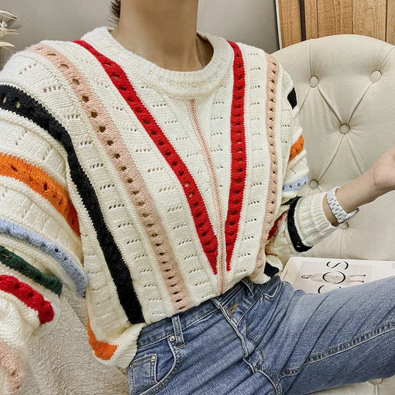 

Korean Style Ladies Pullovers Chic O-neck Long Sleeve Knitted 2023 Fashion Loose Crocheted Striped Sweater Women Clothes 29395