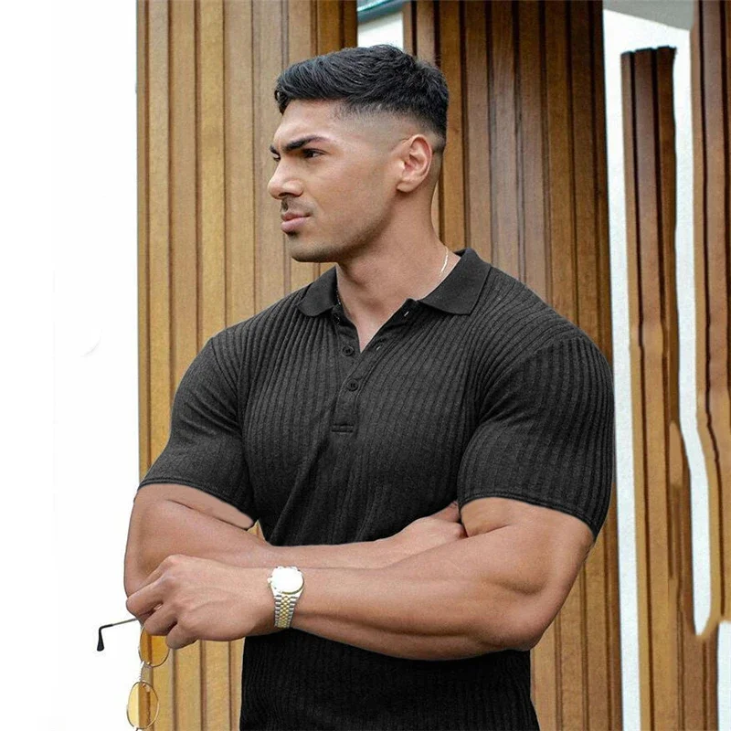 Polo da palestra uomo moda girocollo manica corta Polo lavorata a maglia sport Slim Fit Fitness Bodybuilding allenamento abbigliamento estivo - immagine 4