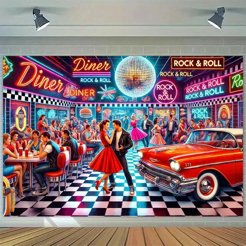1-Hintergrund für Vintage-Restaurantszenenfotografie – Felsthema, Vintage-Auto und kariertes Bodendesign, Felsdekoration – Detail 6