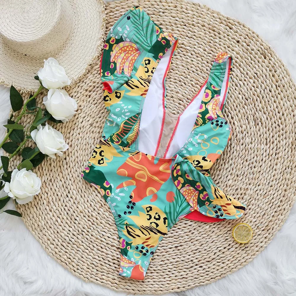 2023 New One-piece One-shoulder Ruffled Swimsuit Women's Mesh Splicing Bikini Swimwear Beachwear