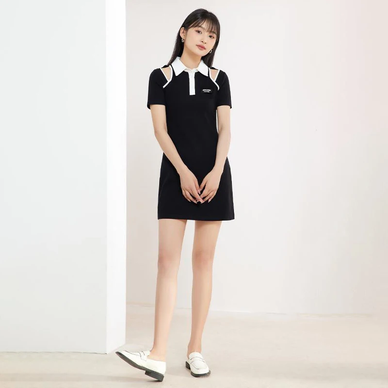

Short Sleeve Summer Turn-down Collar Cut Out Casual Women T-shirt Dress