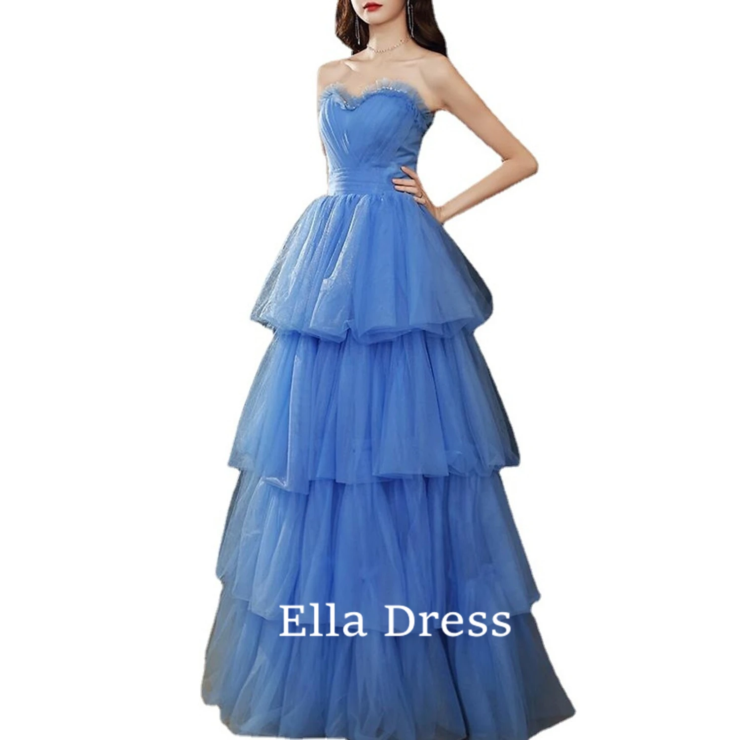 

Ella Sexy Pleated Strapless Evening Gown Fashion Layered Tank Top 2023 New Blue Tulle Simple Tailored Evening Dress Dresses Gala