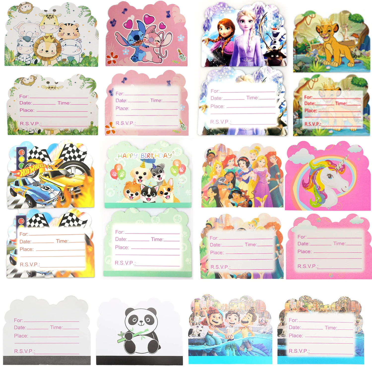 10pcs/pack Stitch Pet Dog Frozen Mermaid Princess Panda Cars Lion King Theme Invitation Cards Decoration Birthday Party Supplies