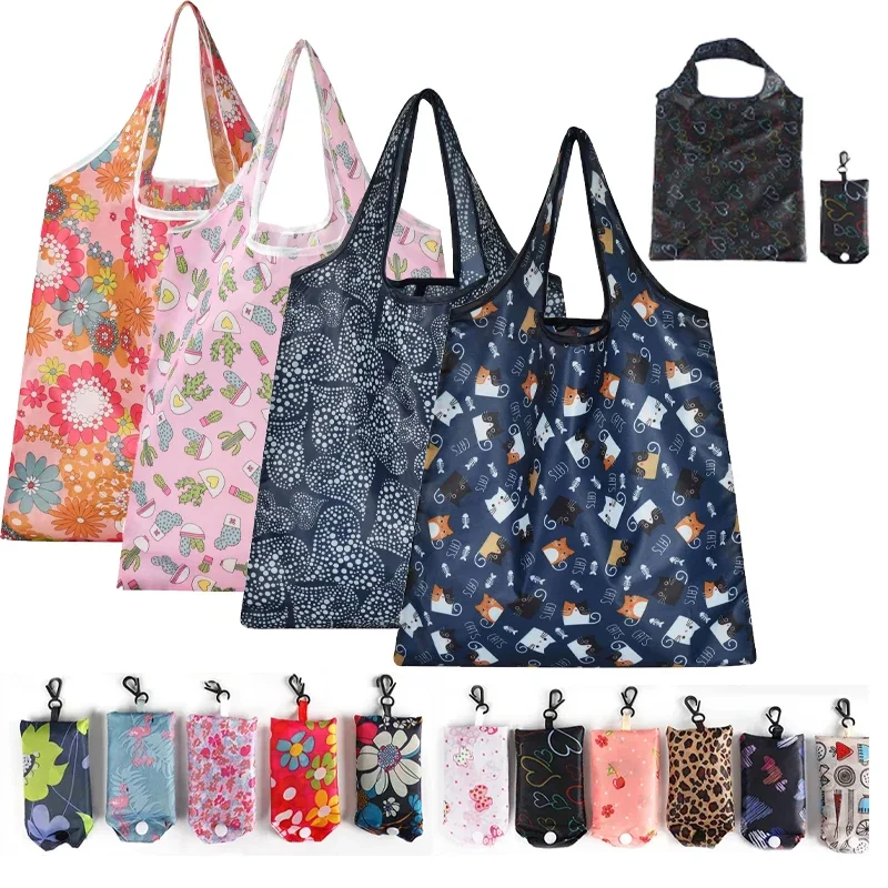 Foldable Shopping Bag Big Size Thick Nylon Tote Cartoon Pattern Shopping Bags Washable Reusable Easy to Carry Capacity Handbags