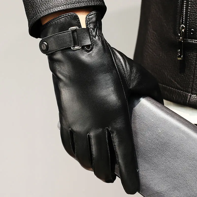 Winter Men Sheepskin Leather Gloves High Quality Keep Warm Touch Screen Windproof Driving gants moto Cycling Gloves Business 4