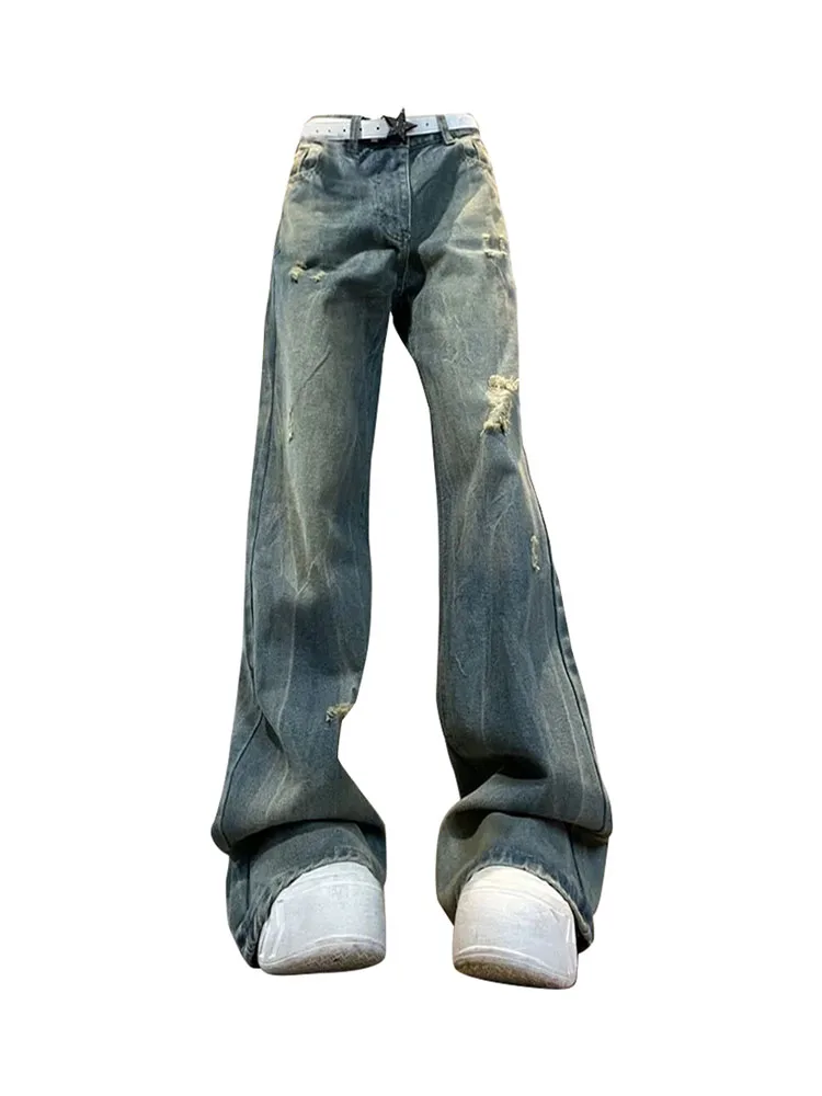 

New Design Casual Baggy Jeans Korean Fashion Hiphop Blue Wide Leg Trousers Ripped Hole Denim Pants 2000s Aesthetic High Street