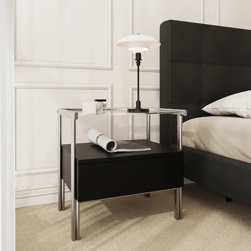 Nordic Light Luxury Stainless Steel Large-capacity Storage Bedside Table Bedroom Home Bedside Creative Glass Storage Locker