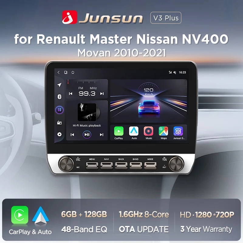 Junsun 10.1" Buttons Wireless Carplay Android Auto Car Radio for Renault Master Opel Movano 2010-2021 Bluetooth GPS Navi 4G DSP