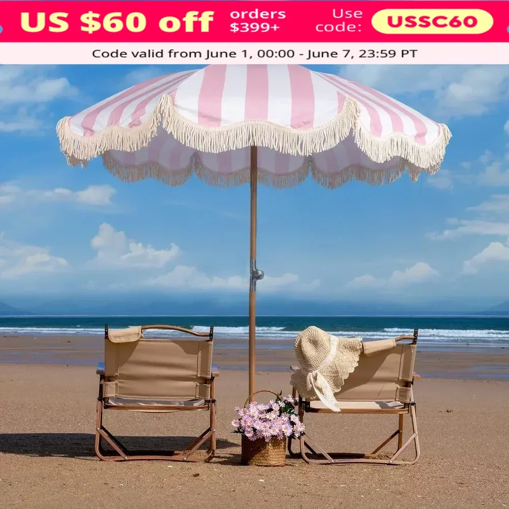 

Beach Umbrella with Fringe, UPF 50+ Foldable Patio Boho Tassel Umbrellas with Carry Bag, Premium Wood Pole, 6.5ft Beach Umbrella