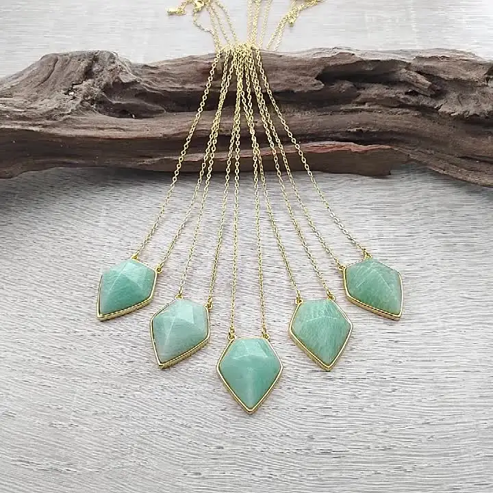 FUWO 1Pcs Gorgeous Amazonite Necklace,Golden Plated Natural