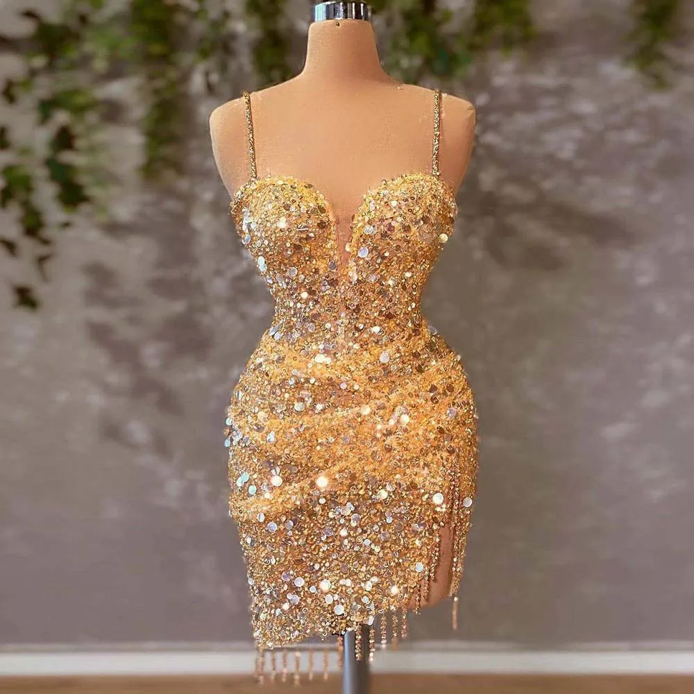 Yellow Cocktail Dresses Spaghetti Strap Bead Evening Formal Gowns Sparkle Tassel Elegant Dress Women Wedding Party GDS980045