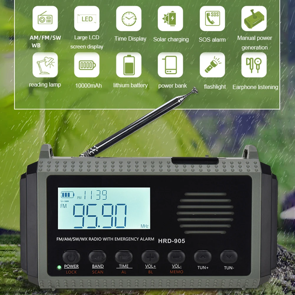 태양열 핸드 크랭크 AM FM SW NOAA 기상 라디오, 다기능 라디오 토치, 생존용 헤드폰 잭, 4 가지 방식 전원, 10000MAh, 3.5mm