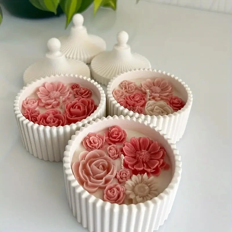 2Pcs Candle Jar Silicone Mold With Lid,Round Stripe Storage Jewelry Box Silicone Mold For Making Plaster Concrete Storage Box