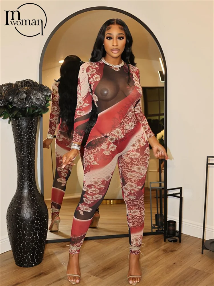

Inwoman Red Sexy Mesh See Through Jumpsuit Party Club Outfit For Women 2023 Fall Winer Patchwork Print Activewear Fashion Romper