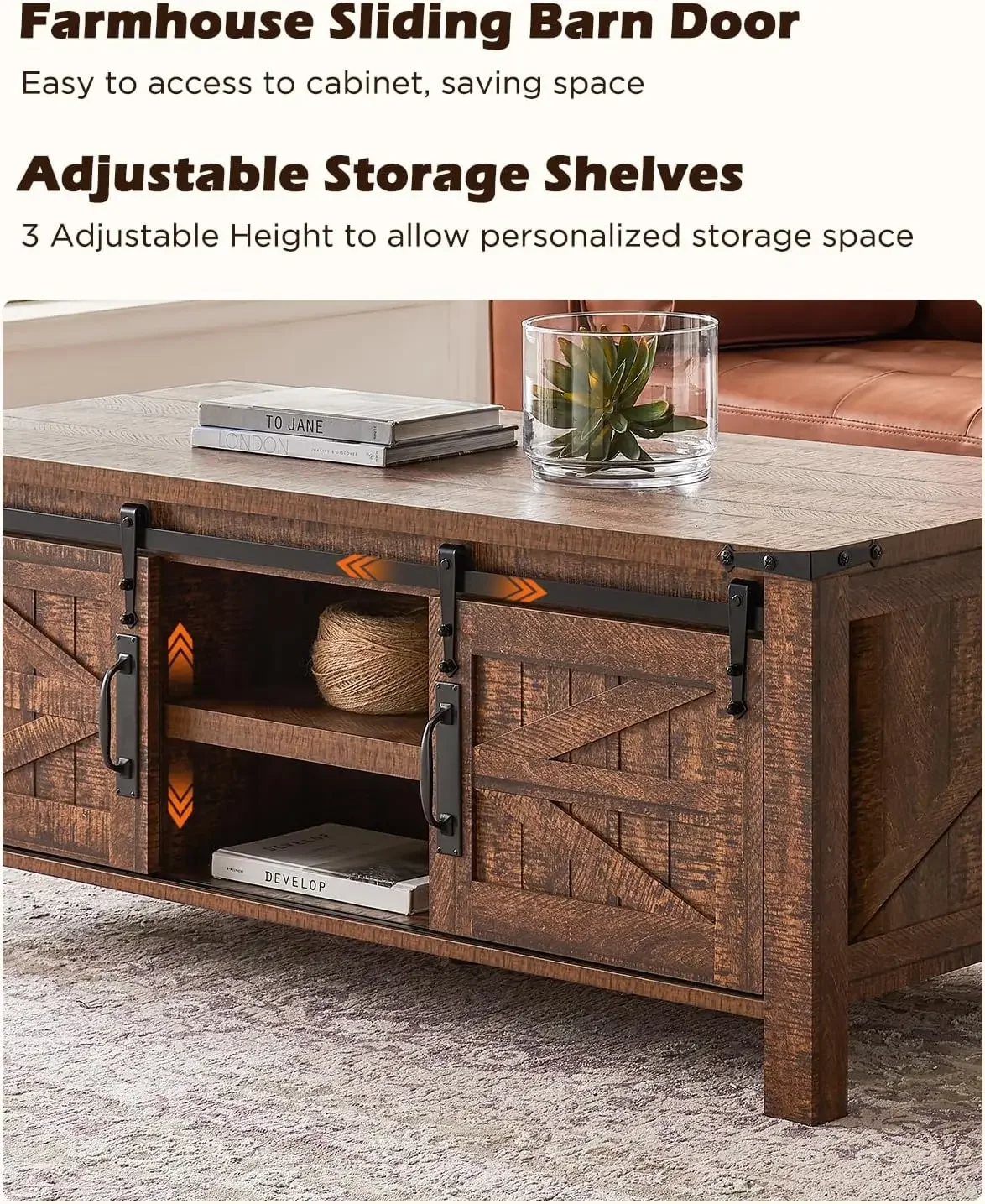 48" Farmhouse Lift Top Coffee Table with Sliding Barn Door,Rustic Center Table with Hidden Storage Compartment 5