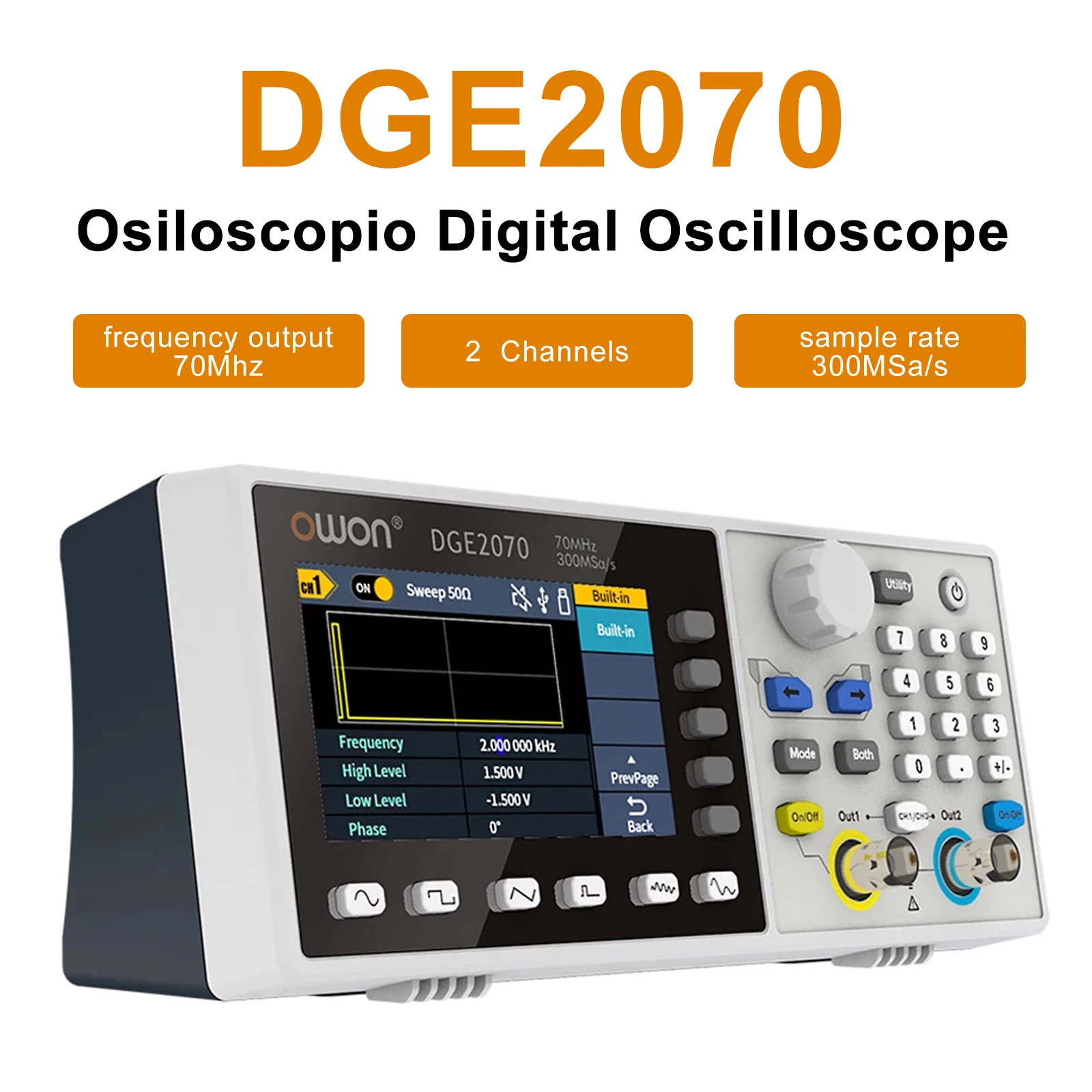 OWON DGE2035/DGE2070 Digital Oscilloscope 300MSa/s 14Bits 35/70MHz