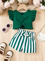 0-2 Year Old Baby Girl Summer Fashion Love Collar Ruffled Short Sleeved And Striped Shorts Two-piece Set